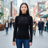 Women's Ribbed Knit Turtleneck Top with Sheer Lace Yoke