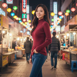 Women's Ribbed Knit Turtleneck Top with Sheer Lace Yoke
