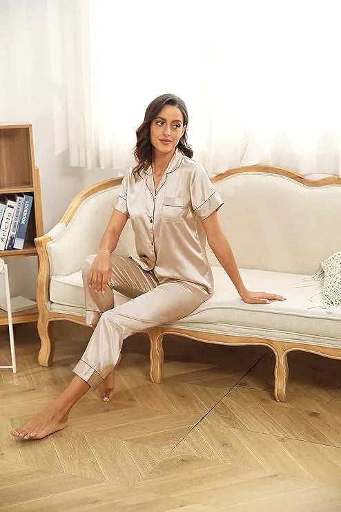 Women's Korean Fashion Silk Pajamas 2 Pcs Set - E8089