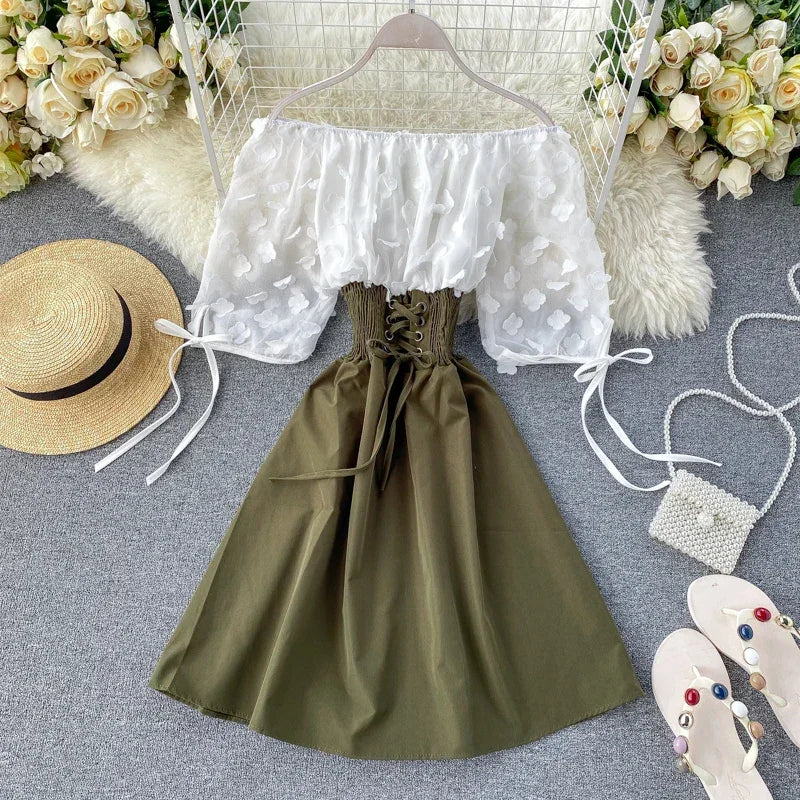 Slash Neck Solid Chiffon Puff Sleeve Flower Party Dress