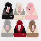 Luxury Fur Pom Beanie Striped Knit Winter Hat