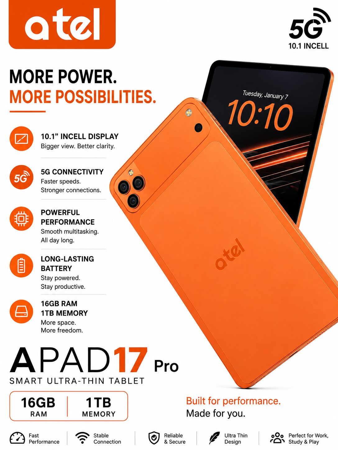 Atel APAD 17 Pro بذاكرة وصول عشوائي (RAM) سعة 16 جيجابايت وذاكرة تخزين سعة 1 تيرابايت ودعم شبكة 5G