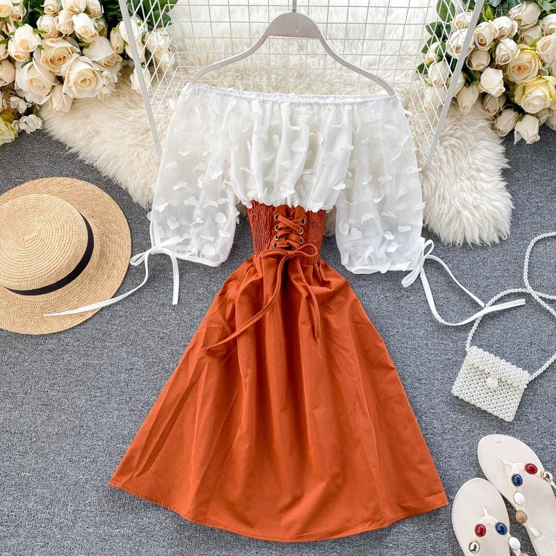 Slash Neck Solid Chiffon Puff Sleeve Flower Party Dress