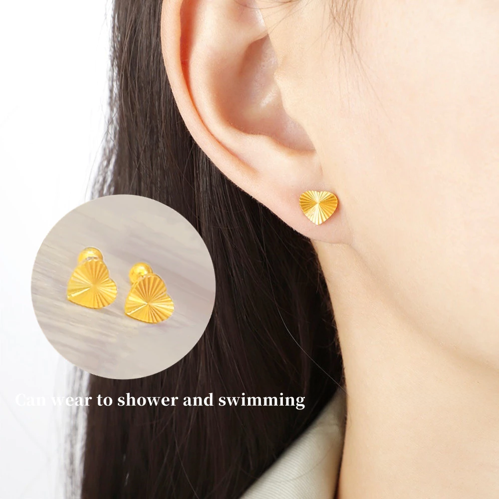 Golden Stainless Steel Heart Design Stud Earrings - 119