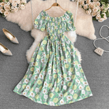 Romantic Floral Elegant Puff Sleeve Korean Dress - DOU13