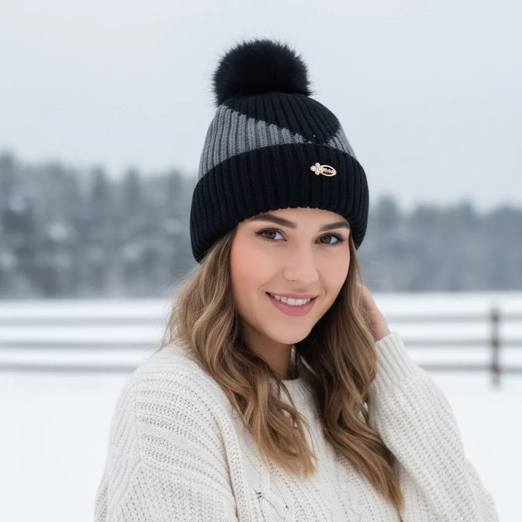 Luxury Fur Pom Beanie Striped Knit Winter Hat