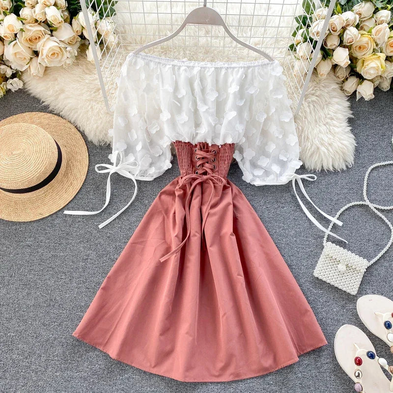 Slash Neck Solid Chiffon Puff Sleeve Flower Party Dress