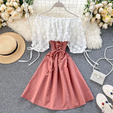 Slash Neck Solid Chiffon Puff Sleeve Flower Party Dress