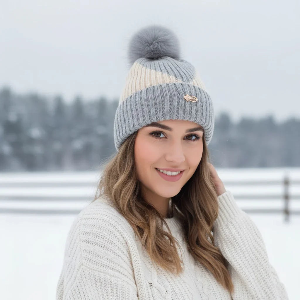 Luxury Fur Pom Beanie Striped Knit Winter Hat