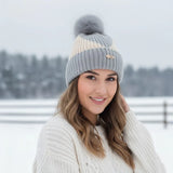 Luxury Fur Pom Beanie Striped Knit Winter Hat