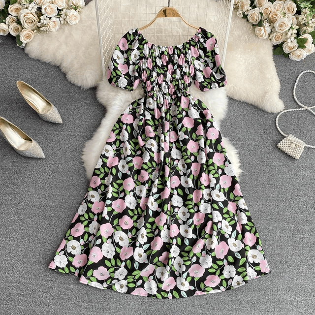 Romantic Floral Elegant Puff Sleeve Korean Dress - DOU13