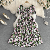 Romantic Floral Elegant Puff Sleeve Korean Dress - DOU13
