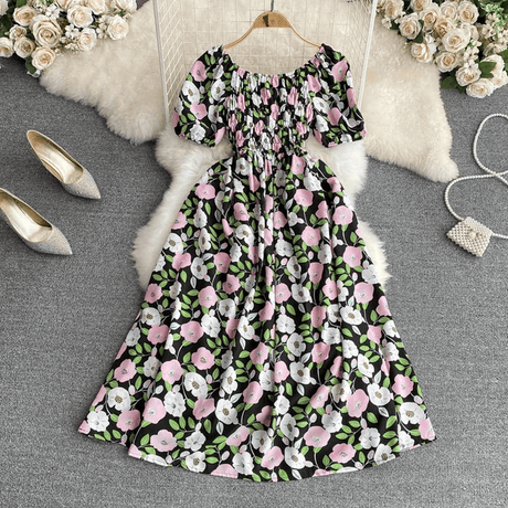 Romantic Floral Elegant Puff Sleeve Korean Dress - DOU13