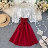 Slash Neck Solid Chiffon Puff Sleeve Flower Party Dress