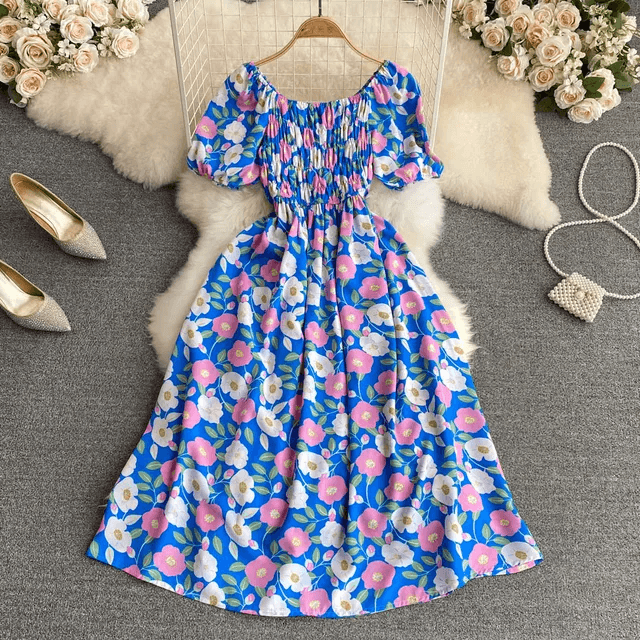 Romantic Floral Elegant Puff Sleeve Korean Dress - DOU13