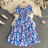 Romantic Floral Elegant Puff Sleeve Korean Dress - DOU13