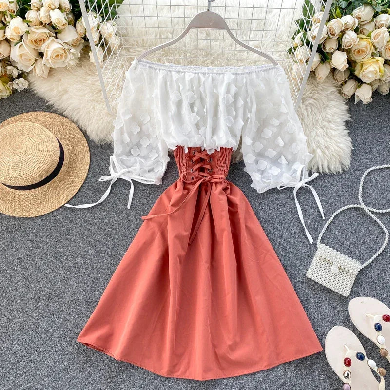 Slash Neck Solid Chiffon Puff Sleeve Flower Party Dress