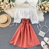 Slash Neck Solid Chiffon Puff Sleeve Flower Party Dress