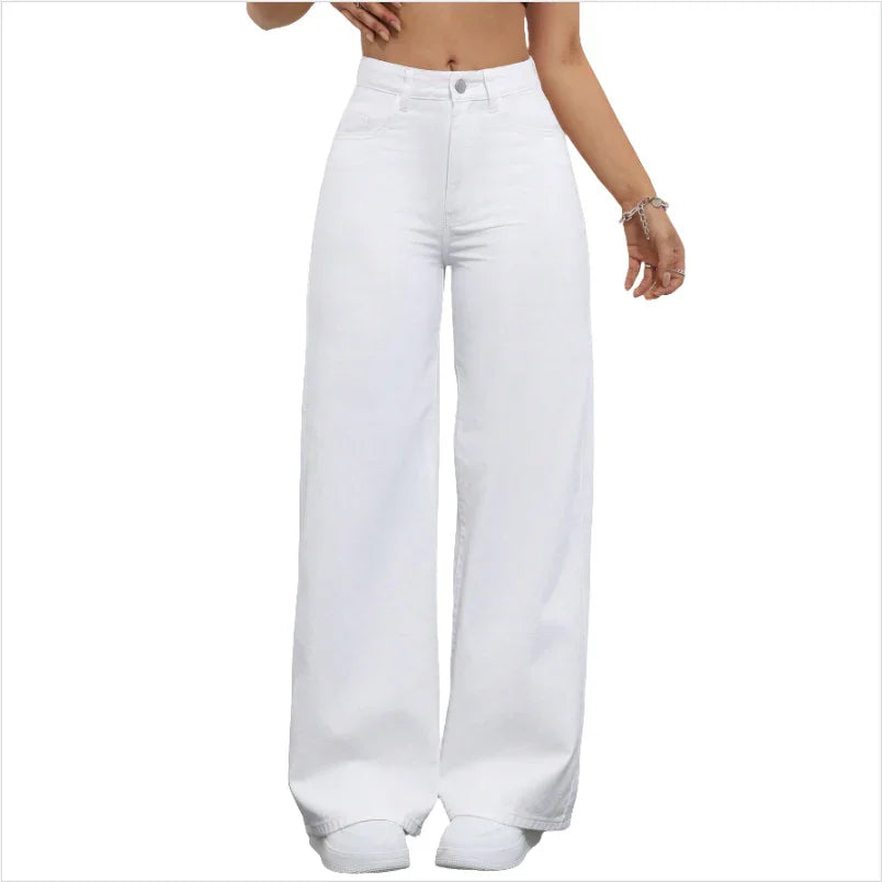 Women's Stylish Casual Wide Leg White Denim Pants - 8811#