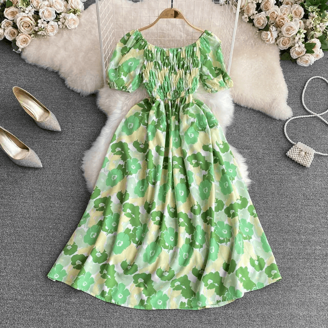 Romantic Floral Elegant Puff Sleeve Korean Dress - DOU13