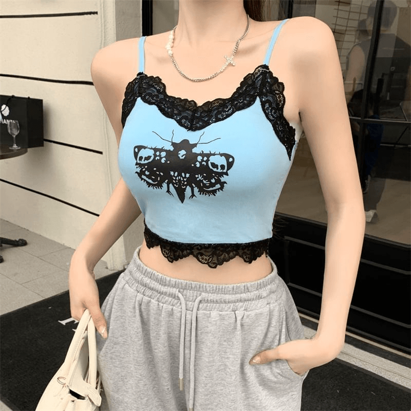 Lace Trim Butterfly Print Camisole Top - CX2052#