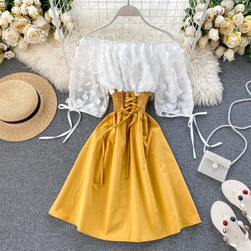 Slash Neck Solid Chiffon Puff Sleeve Flower Party Dress