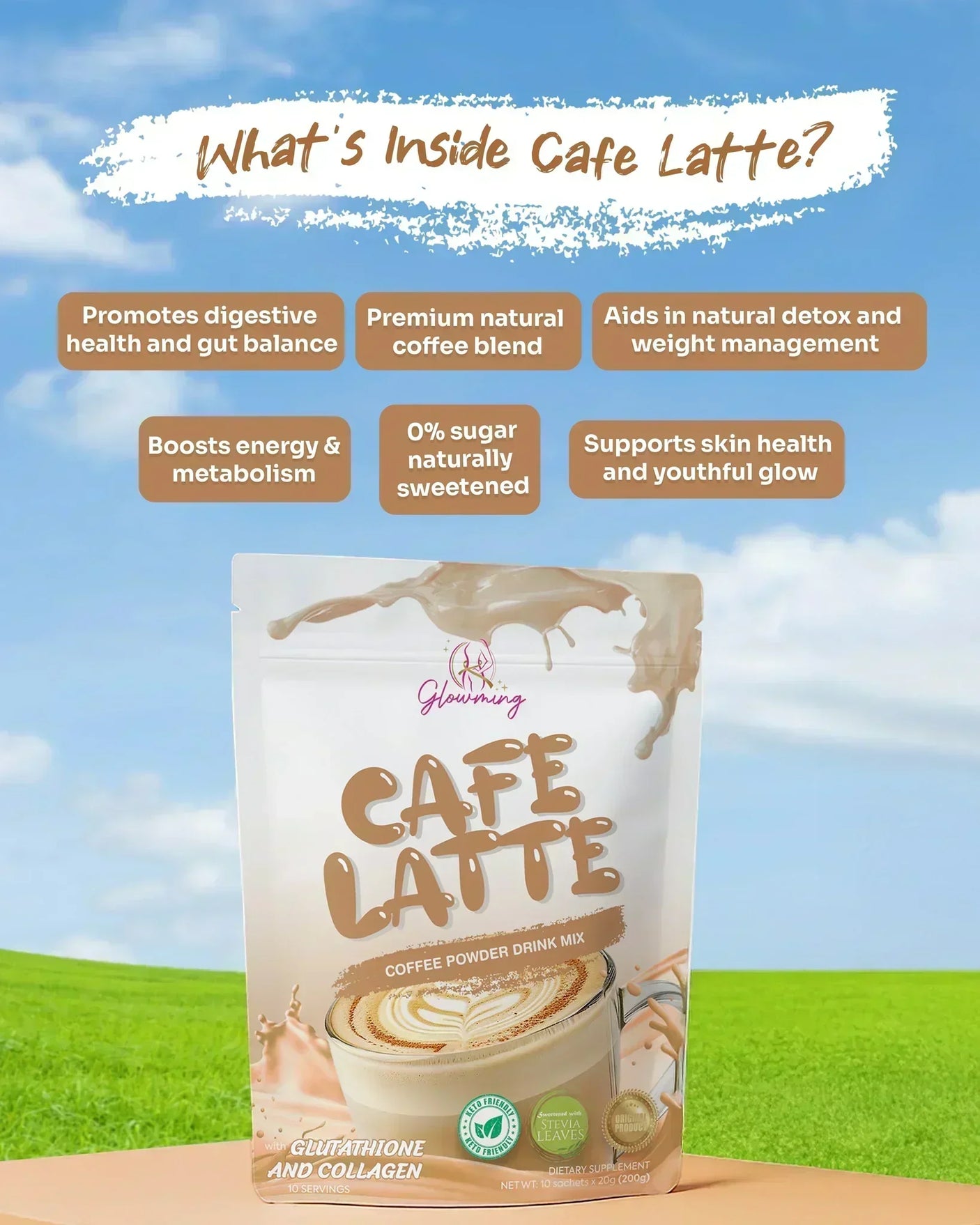 Glowming Cafe Latte Coffee Powder Drink Mix - 10 Sachets x 20g