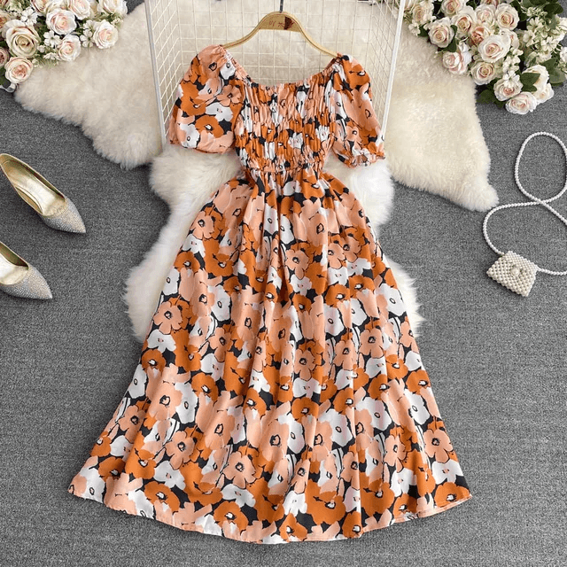 Romantic Floral Elegant Puff Sleeve Korean Dress - DOU13