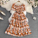 Romantic Floral Elegant Puff Sleeve Korean Dress - DOU13