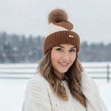 Luxury Fur Pom Beanie Striped Knit Winter Hat