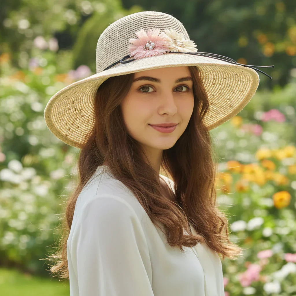 Women's Wide Brim Straw Sun Hat with Flower & Pearl Trim