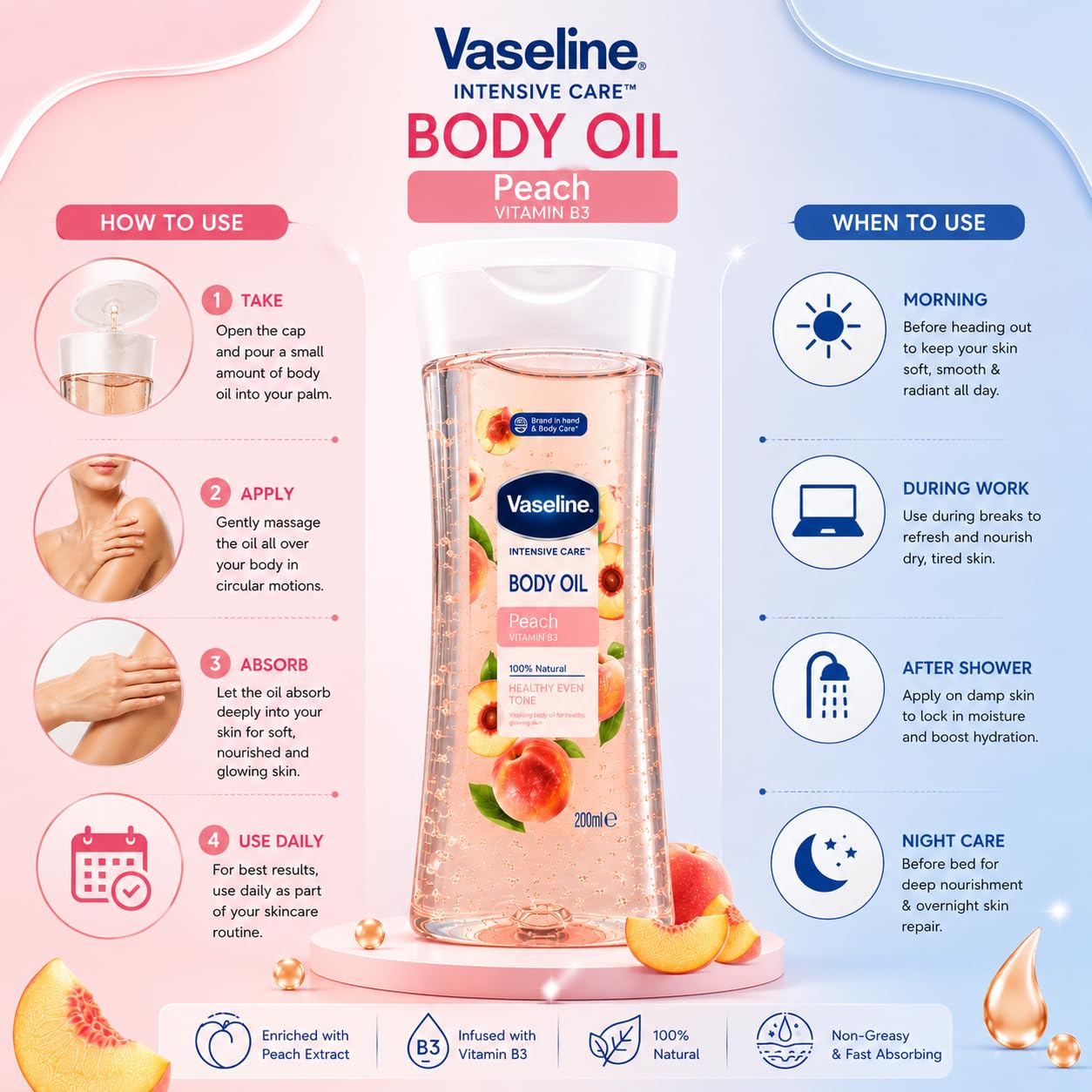 Vaseline Peach Vitamin B3 Body Oil - 200ml