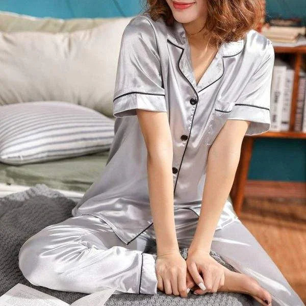 Women's Korean Fashion Silk Pajamas 2 Pcs Set - E8089