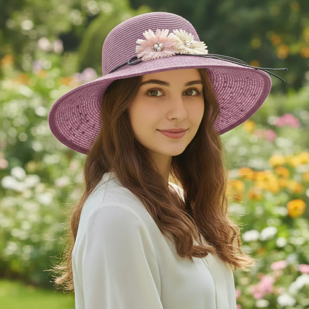 Women's Wide Brim Straw Sun Hat with Flower & Pearl Trim