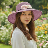 Women's Wide Brim Straw Sun Hat with Flower & Pearl Trim