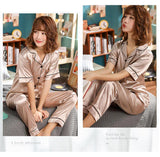 Women's Korean Fashion Silk Pajamas 2 Pcs Set - E8089
