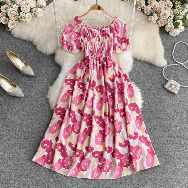 Romantic Floral Elegant Puff Sleeve Korean Dress - DOU13