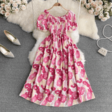 Romantic Floral Elegant Puff Sleeve Korean Dress - DOU13