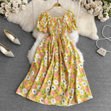 Romantic Floral Elegant Puff Sleeve Korean Dress - DOU13