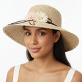 Women's Wide Brim Straw Sun Hat with Flower & Pearl Trim