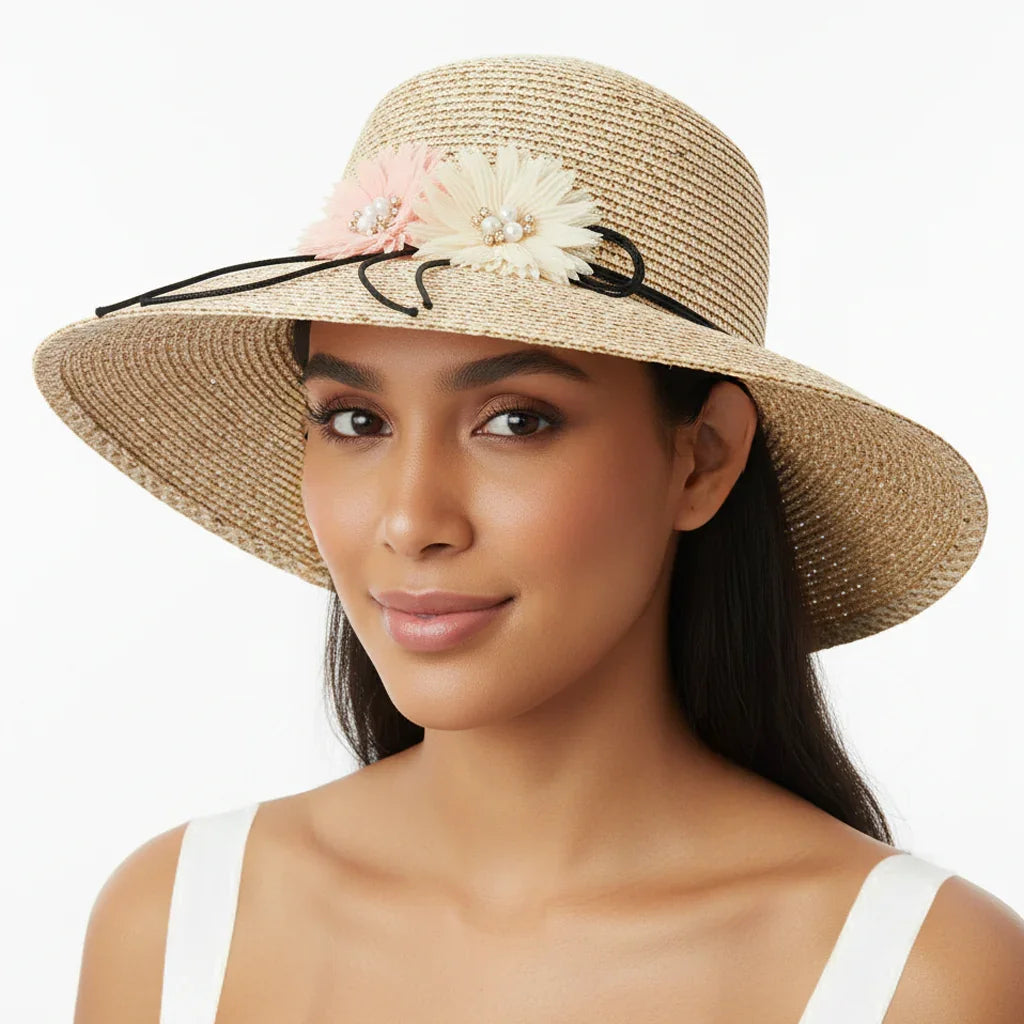 Women's Wide Brim Straw Sun Hat with Flower & Pearl Trim