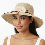 Women's Wide Brim Straw Sun Hat with Flower & Pearl Trim