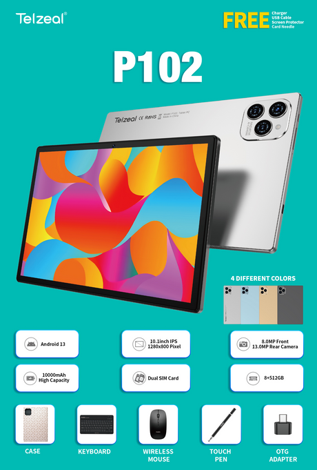 جهاز لوحي Telzeal P102 مقاس 10.1 بوصة، يدعم شريحتي اتصال، مع تقنية 5G