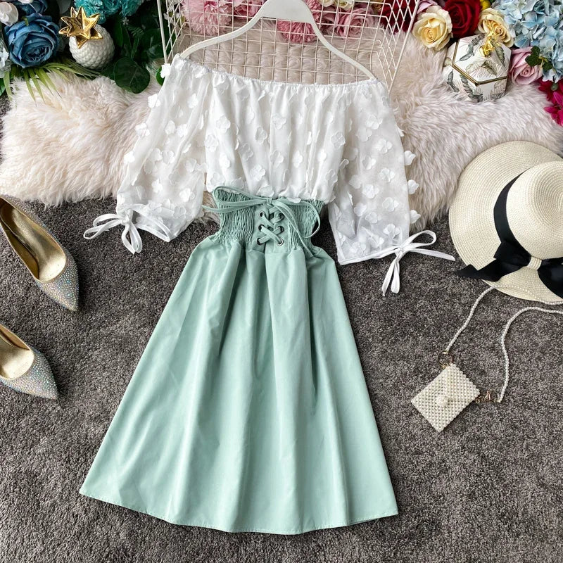 Slash Neck Solid Chiffon Puff Sleeve Flower Party Dress