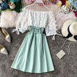 Slash Neck Solid Chiffon Puff Sleeve Flower Party Dress