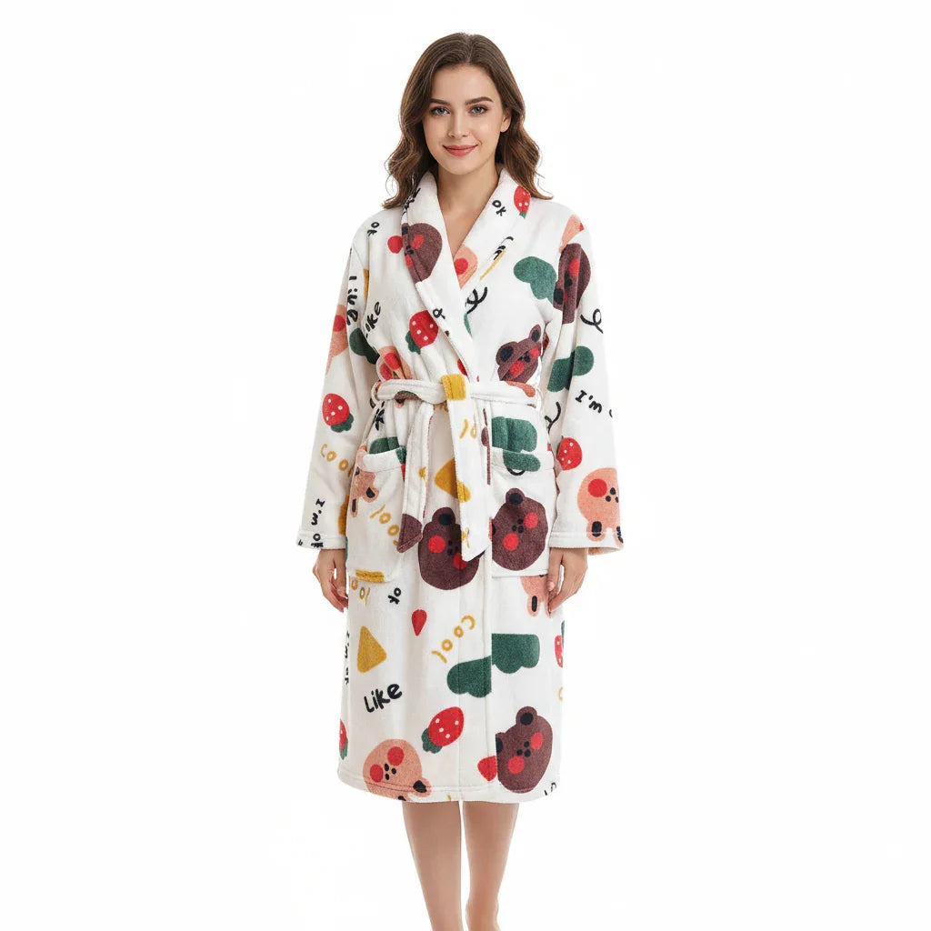 Long Sleeves Comfortable Flannel Bathrobe Coral Fleece