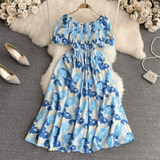 Romantic Floral Elegant Puff Sleeve Korean Dress - DOU13