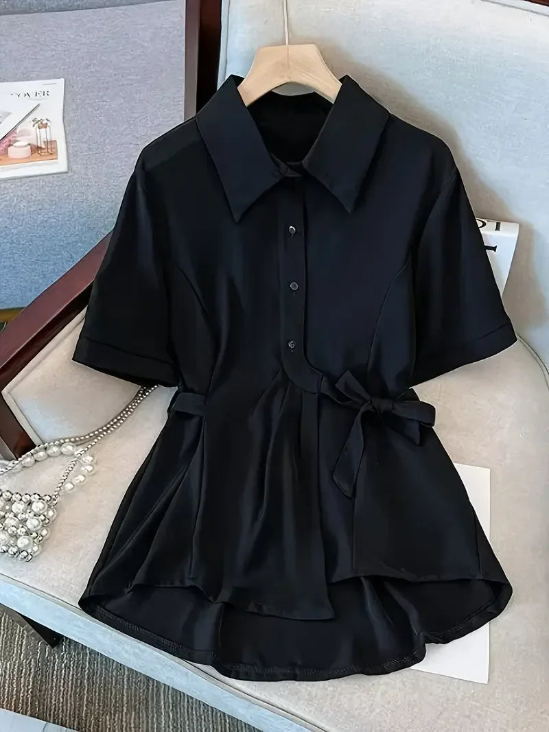 Women's Short Sleeve Side Bow Tie Fashion Tops - 016