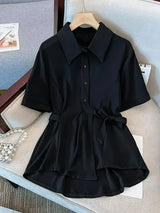 Women's Short Sleeve Side Bow Tie Fashion Tops - 016