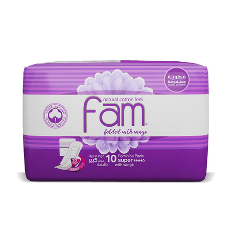 Fam Natural Cotton Feel Maxi Thick Folded With Wings Super Sanitary Pads 10 Pcs